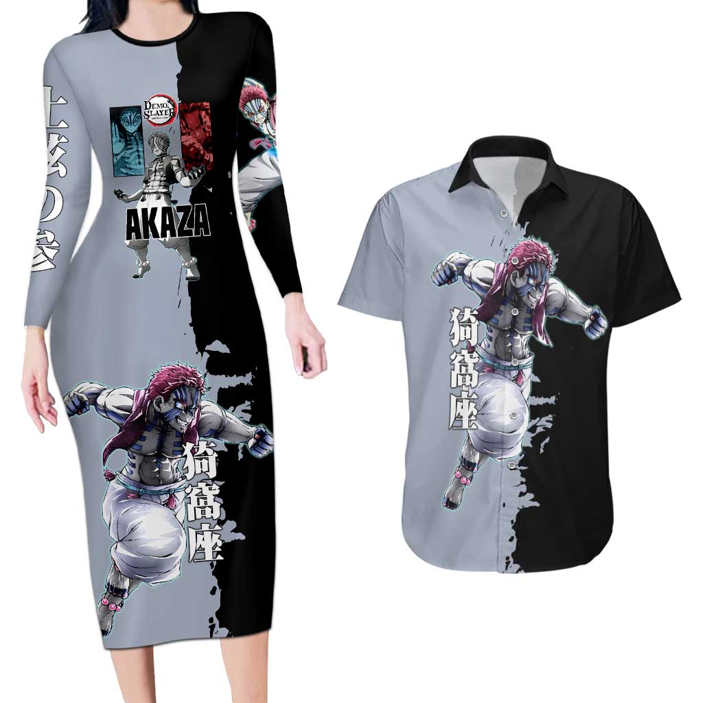 Akaza from Demon Slayer Couples Matching Long Sleeve Bodycon Dress and Hawaiian Shirt with Split Color Background and Martial Arts Pose Manga Style Design - The Mazicc