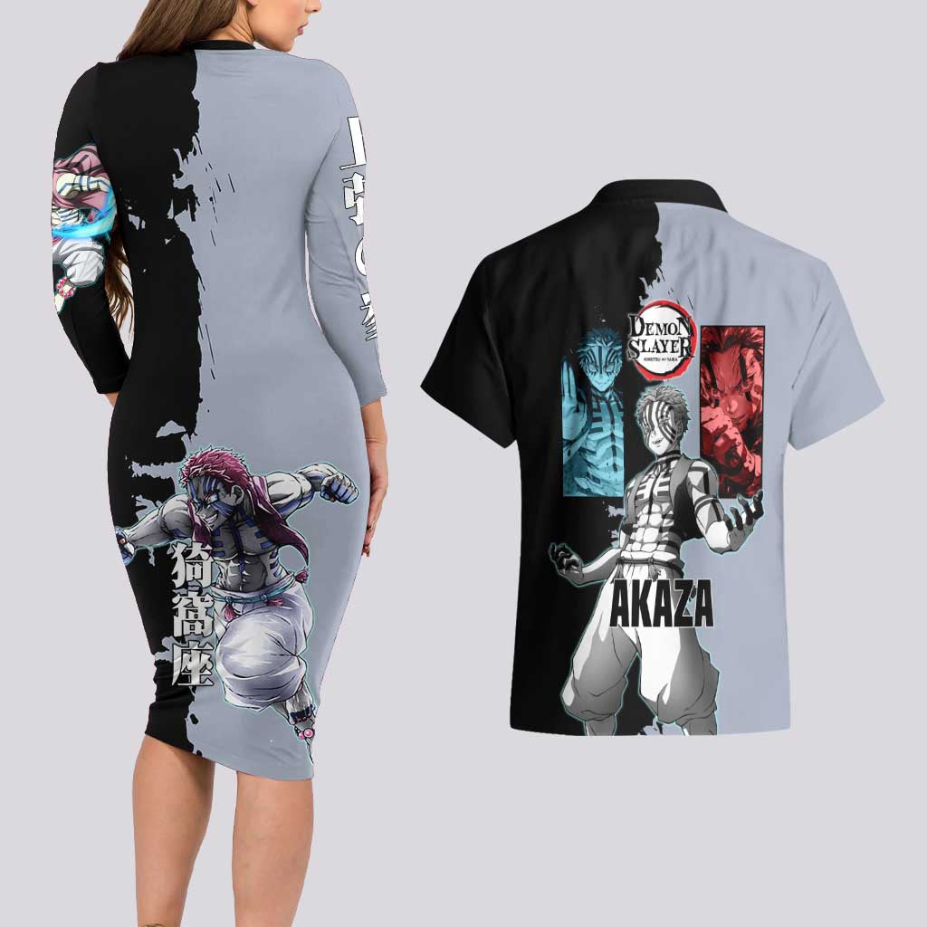 Akaza from Demon Slayer Couples Matching Long Sleeve Bodycon Dress and Hawaiian Shirt with Split Color Background and Martial Arts Pose Manga Style Design - The Mazicc