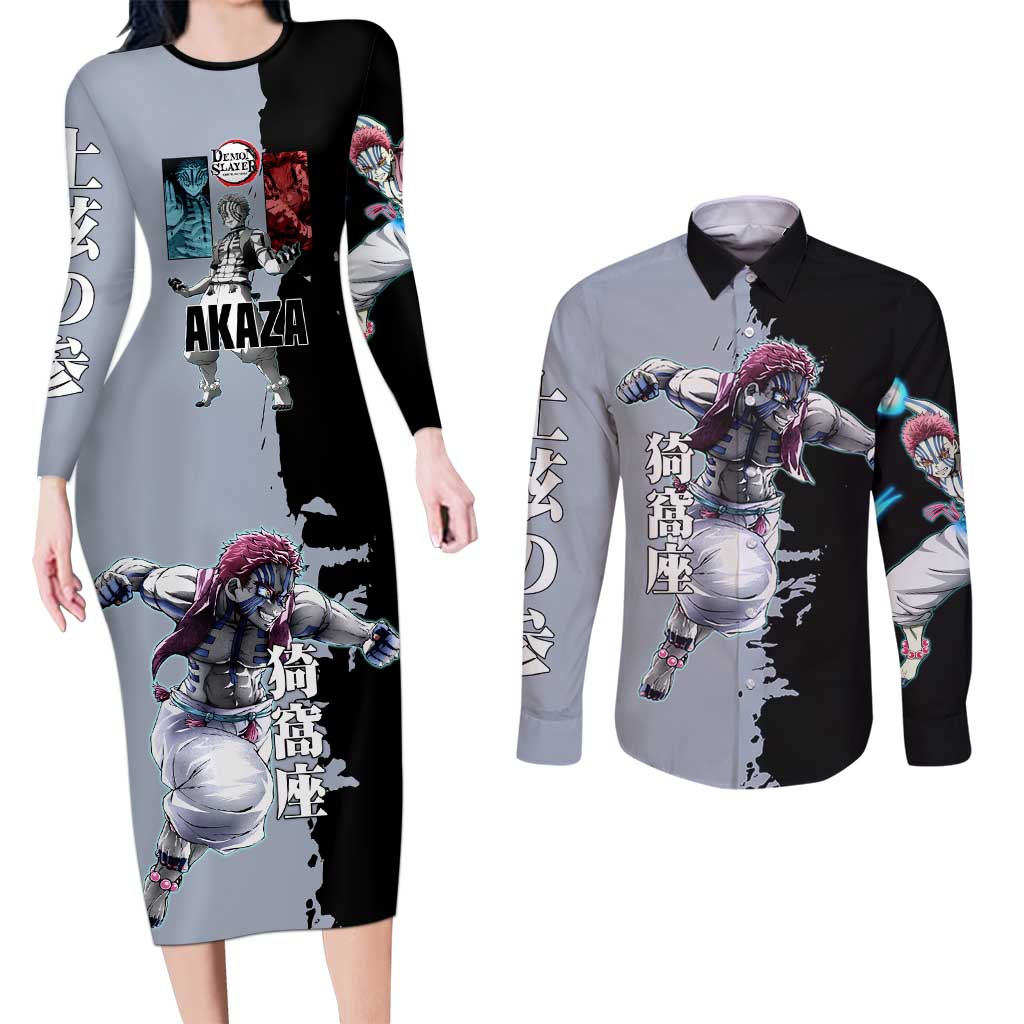 Akaza from Demon Slayer Couples Matching Long Sleeve Bodycon Dress and Long Sleeve Button Shirt with Split Color Background and Martial Arts Pose Manga Style Design - The Mazicc