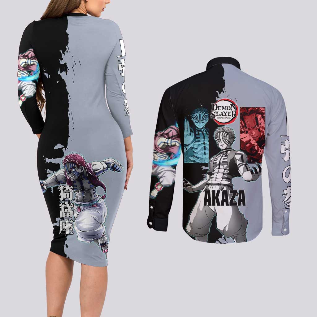 Akaza from Demon Slayer Couples Matching Long Sleeve Bodycon Dress and Long Sleeve Button Shirt with Split Color Background and Martial Arts Pose Manga Style Design - The Mazicc