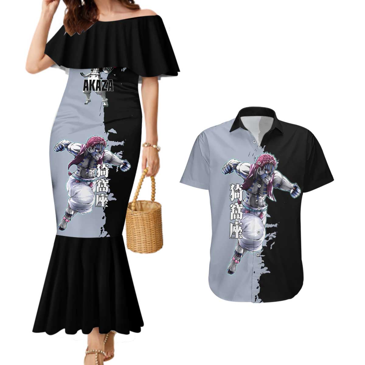 Akaza from Demon Slayer Couples Matching Mermaid Dress and Hawaiian Shirt with Split Color Background and Martial Arts Pose Manga Style Design - The Mazicc
