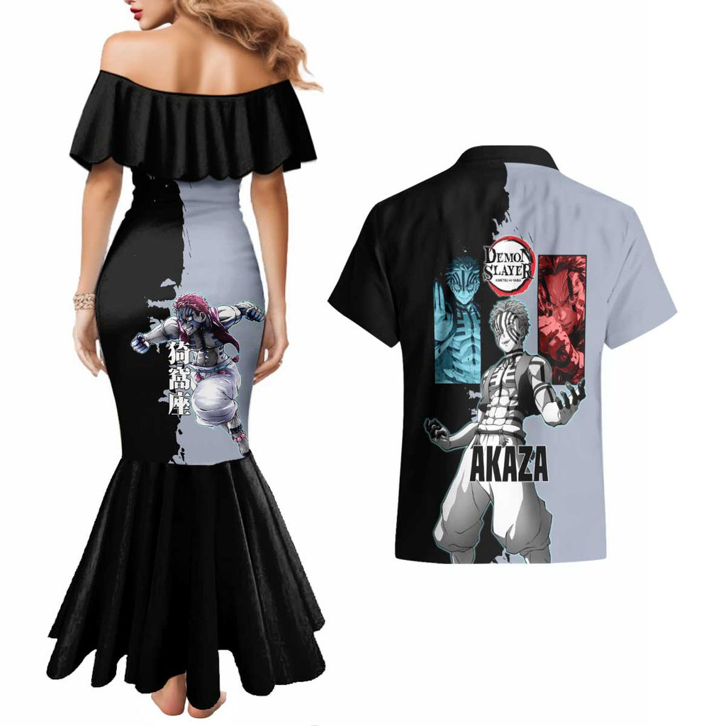 Akaza from Demon Slayer Couples Matching Mermaid Dress and Hawaiian Shirt with Split Color Background and Martial Arts Pose Manga Style Design - The Mazicc