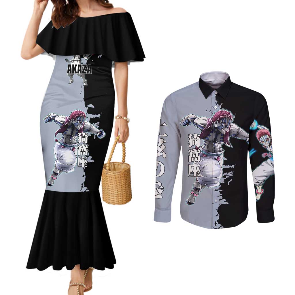 Akaza from Demon Slayer Couples Matching Mermaid Dress and Long Sleeve Button Shirt with Split Color Background and Martial Arts Pose Manga Style Design - The Mazicc