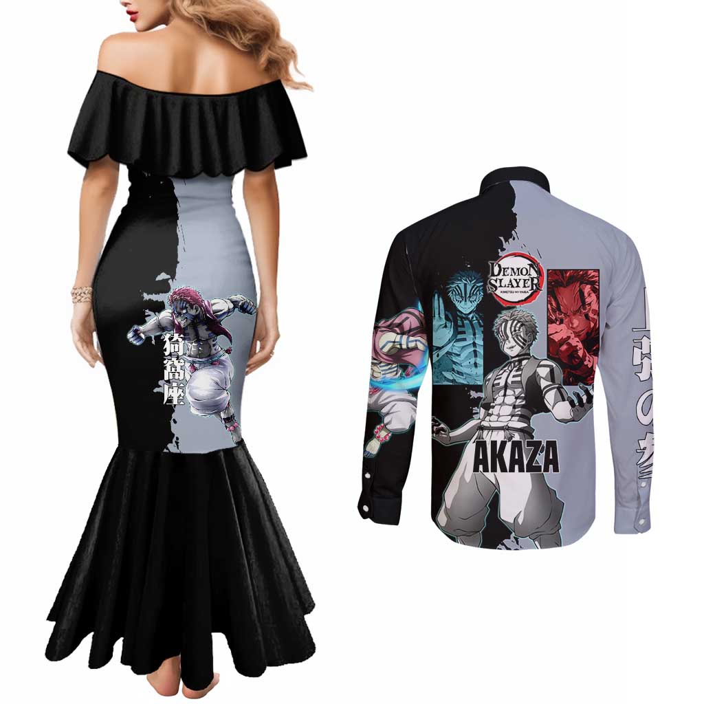 Akaza from Demon Slayer Couples Matching Mermaid Dress and Long Sleeve Button Shirt with Split Color Background and Martial Arts Pose Manga Style Design - The Mazicc