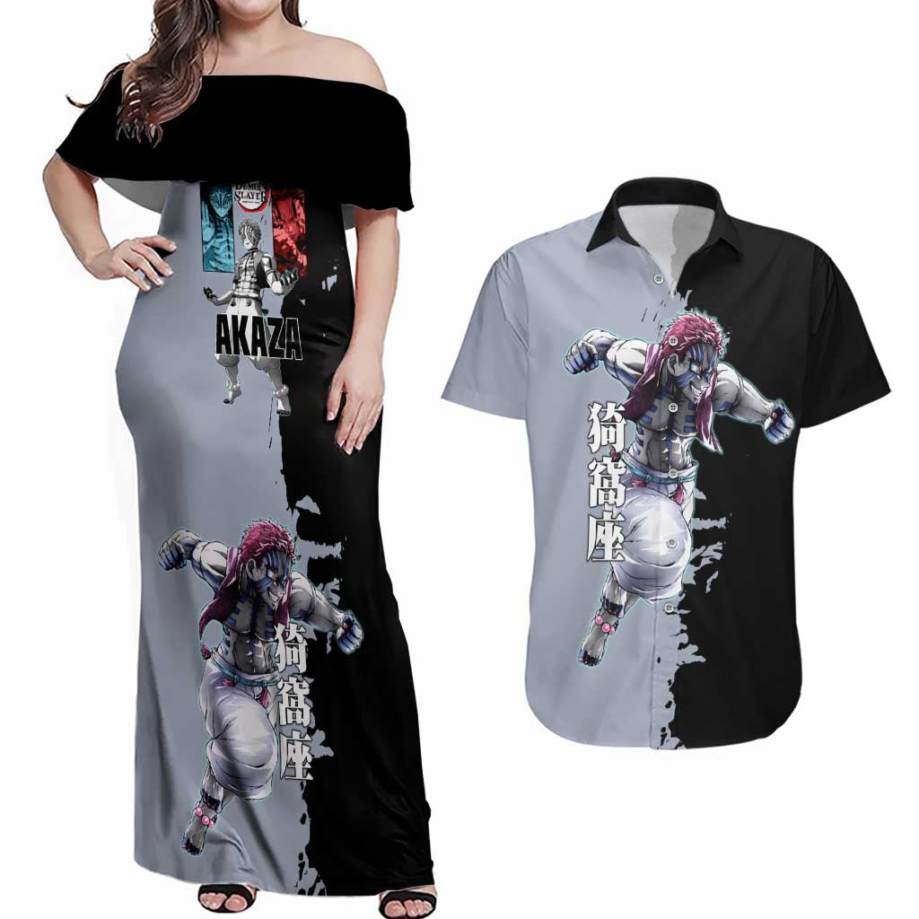 Akaza from Demon Slayer Couples Matching Off Shoulder Maxi Dress and Hawaiian Shirt with Split Color Background and Martial Arts Pose Manga Style Design - The Mazicc