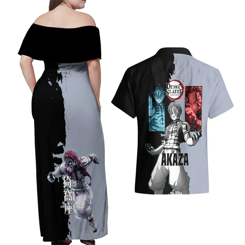 Akaza from Demon Slayer Couples Matching Off Shoulder Maxi Dress and Hawaiian Shirt with Split Color Background and Martial Arts Pose Manga Style Design - The Mazicc