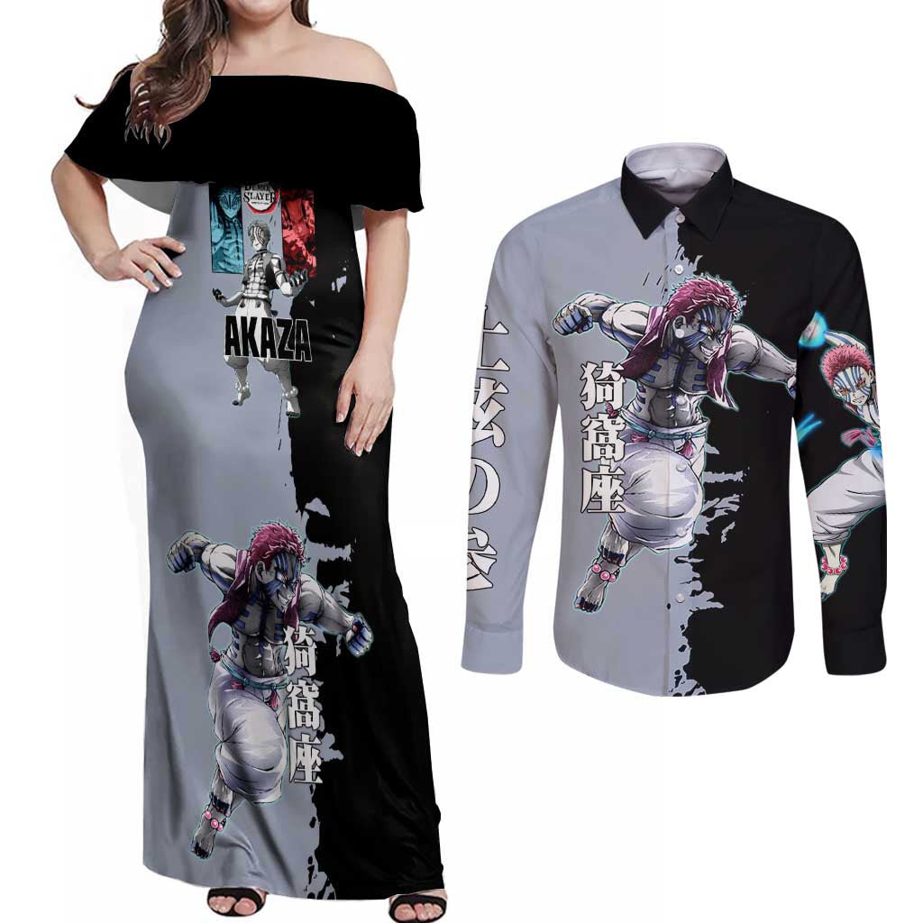 Akaza from Demon Slayer Couples Matching Off Shoulder Maxi Dress and Long Sleeve Button Shirt with Split Color Background and Martial Arts Pose Manga Style Design - The Mazicc
