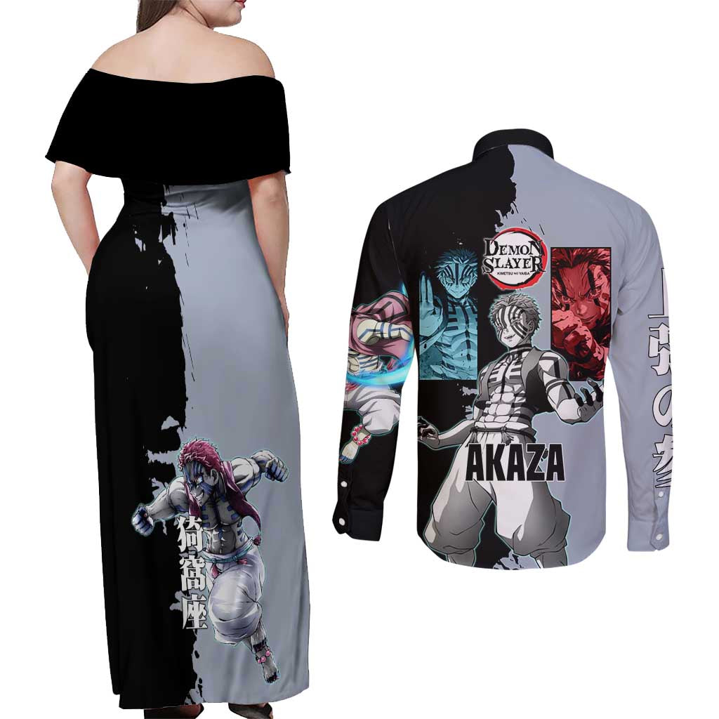 Akaza from Demon Slayer Couples Matching Off Shoulder Maxi Dress and Long Sleeve Button Shirt with Split Color Background and Martial Arts Pose Manga Style Design - The Mazicc