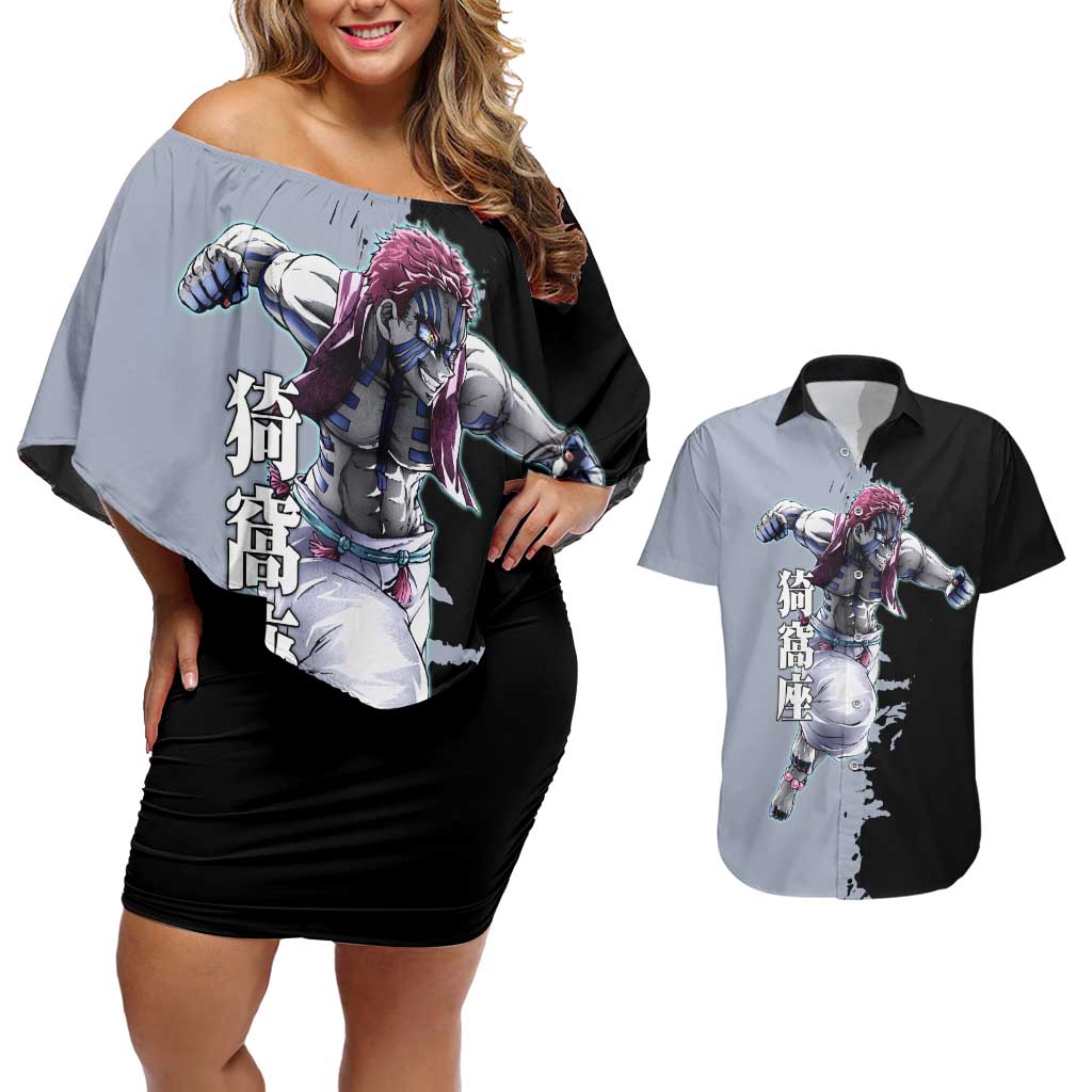 Akaza from Demon Slayer Couples Matching Off Shoulder Short Dress and Hawaiian Shirt with Split Color Background and Martial Arts Pose Manga Style Design - The Mazicc