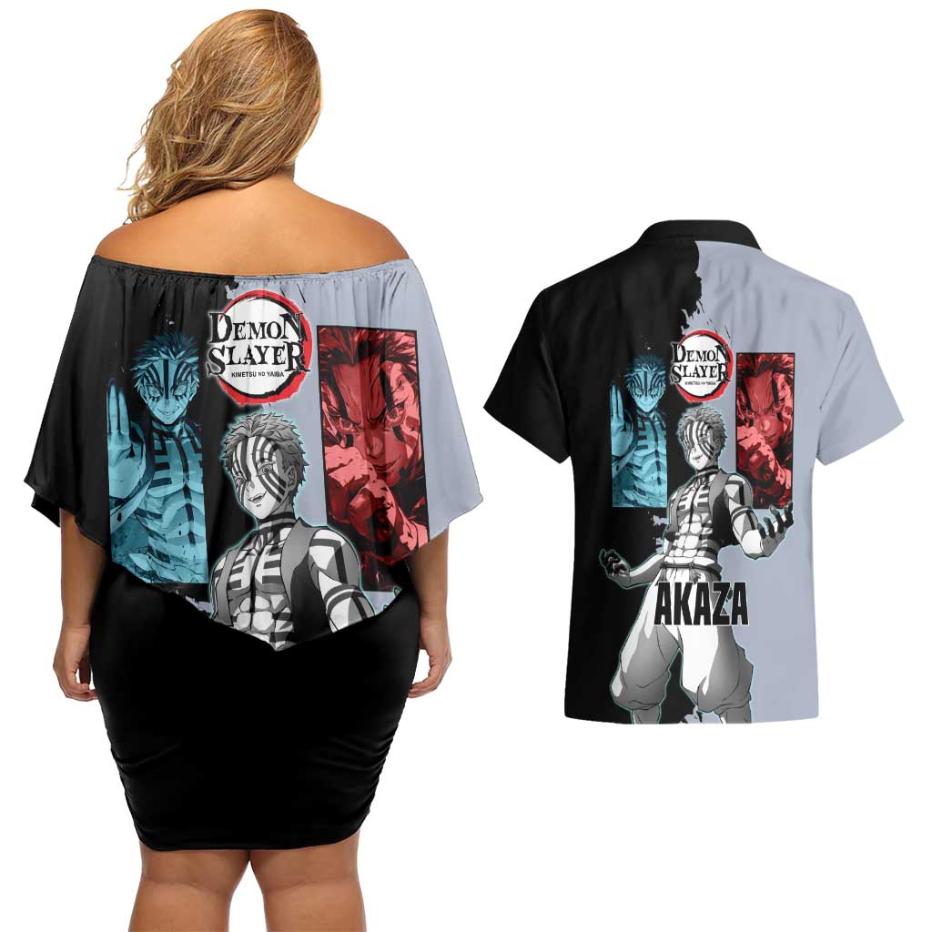 Akaza from Demon Slayer Couples Matching Off Shoulder Short Dress and Hawaiian Shirt with Split Color Background and Martial Arts Pose Manga Style Design - The Mazicc