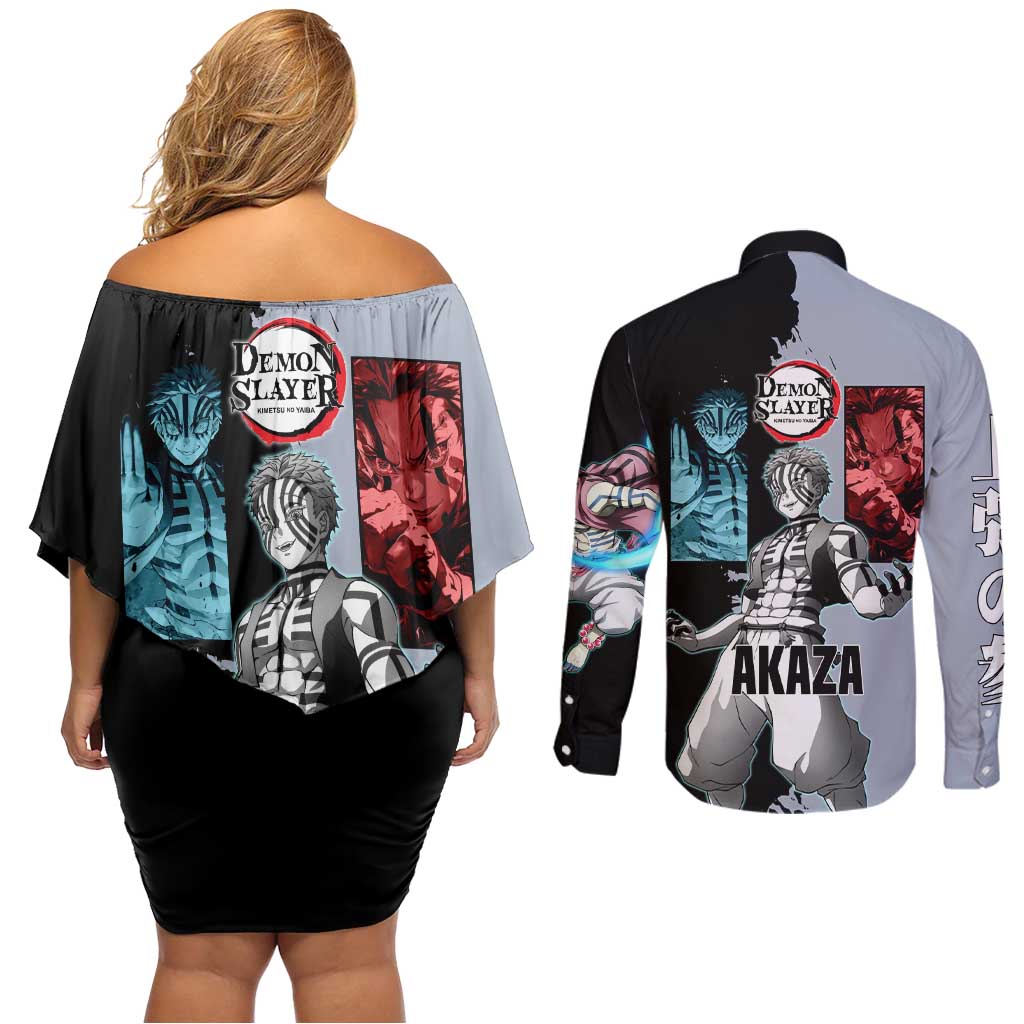 Akaza from Demon Slayer Couples Matching Off Shoulder Short Dress and Long Sleeve Button Shirt with Split Color Background and Martial Arts Pose Manga Style Design - The Mazicc