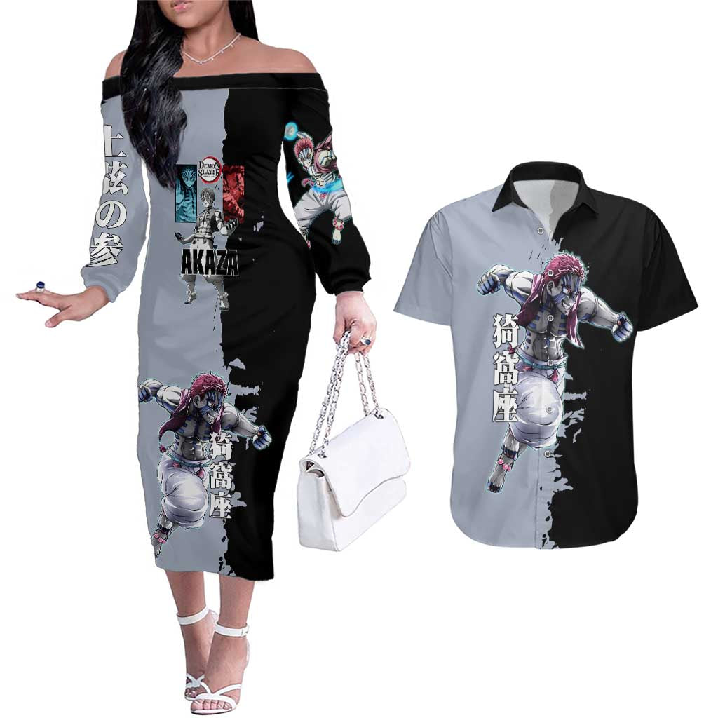 Akaza from Demon Slayer Couples Matching Off The Shoulder Long Sleeve Dress and Hawaiian Shirt with Split Color Background and Martial Arts Pose Manga Style Design - The Mazicc