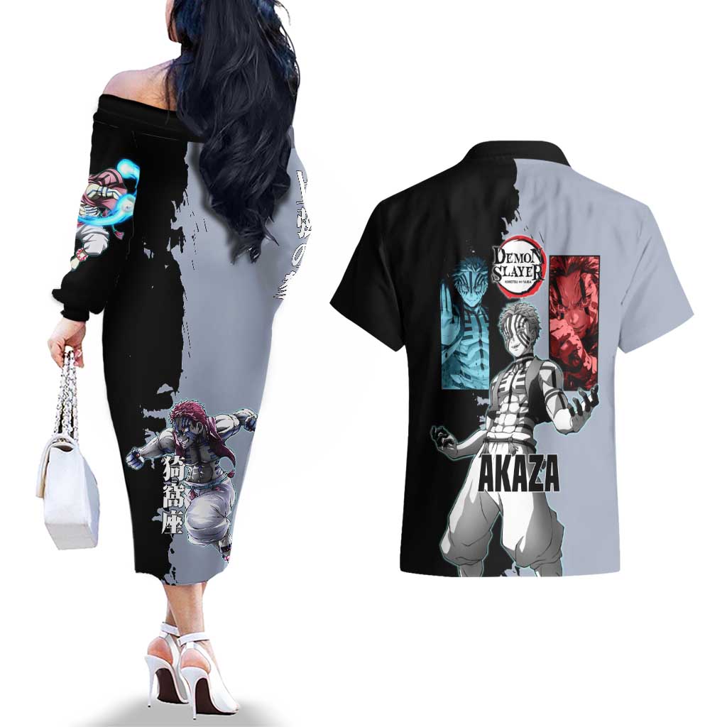 Akaza from Demon Slayer Couples Matching Off The Shoulder Long Sleeve Dress and Hawaiian Shirt with Split Color Background and Martial Arts Pose Manga Style Design - The Mazicc