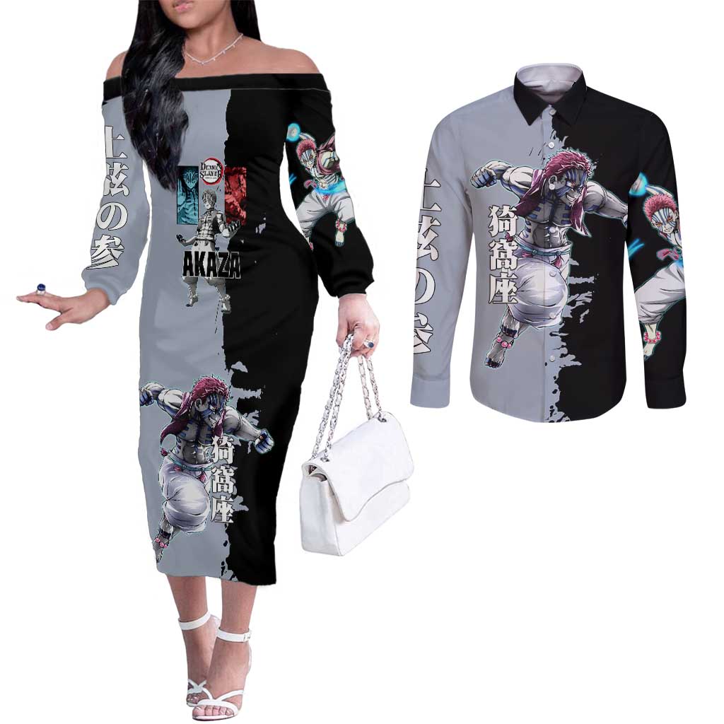 Akaza from Demon Slayer Couples Matching Off The Shoulder Long Sleeve Dress and Long Sleeve Button Shirt with Split Color Background and Martial Arts Pose Manga Style Design - The Mazicc