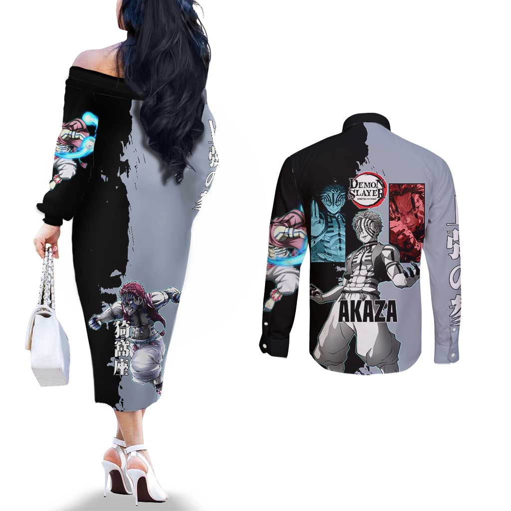 Akaza from Demon Slayer Couples Matching Off The Shoulder Long Sleeve Dress and Long Sleeve Button Shirt with Split Color Background and Martial Arts Pose Manga Style Design - The Mazicc