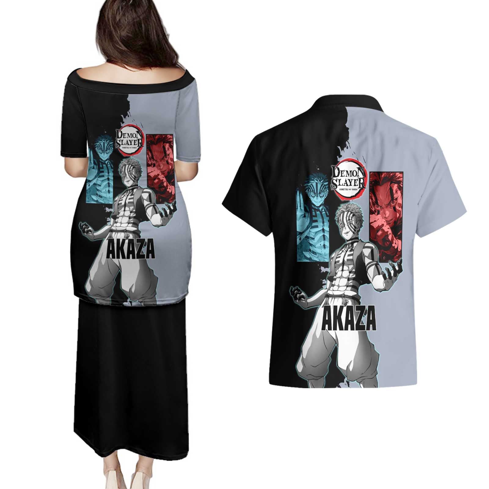 Akaza from Demon Slayer Couples Matching Puletasi and Hawaiian Shirt with Split Color Background and Martial Arts Pose Manga Style Design - The Mazicc