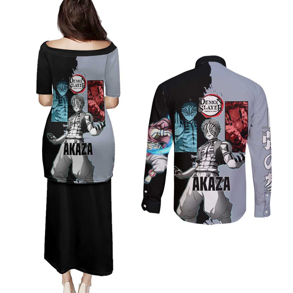 Akaza from Demon Slayer Couples Matching Puletasi and Long Sleeve Button Shirt with Split Color Background and Martial Arts Pose Manga Style Design - The Mazicc