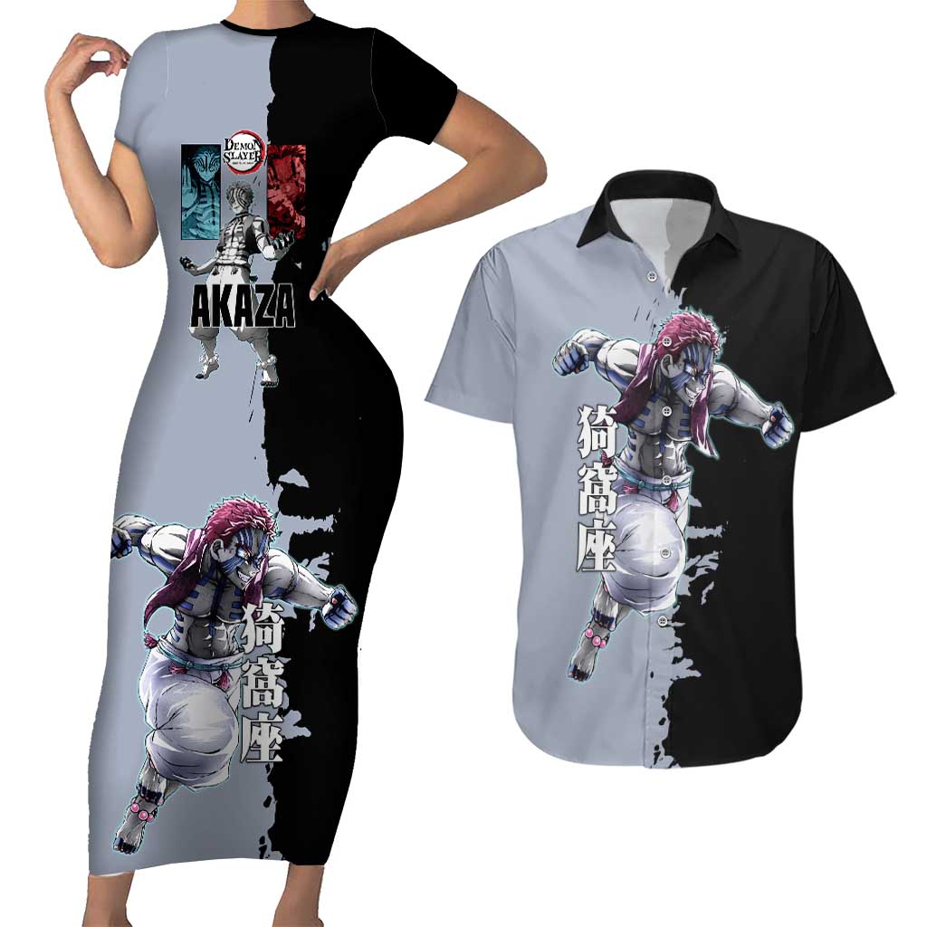 Akaza from Demon Slayer Couples Matching Short Sleeve Bodycon Dress and Hawaiian Shirt with Split Color Background and Martial Arts Pose Manga Style Design - The Mazicc