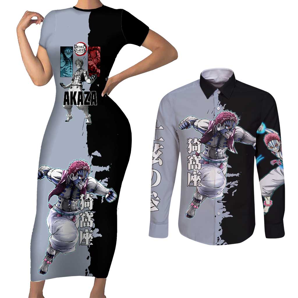 Akaza from Demon Slayer Couples Matching Short Sleeve Bodycon Dress and Long Sleeve Button Shirt with Split Color Background and Martial Arts Pose Manga Style Design - The Mazicc