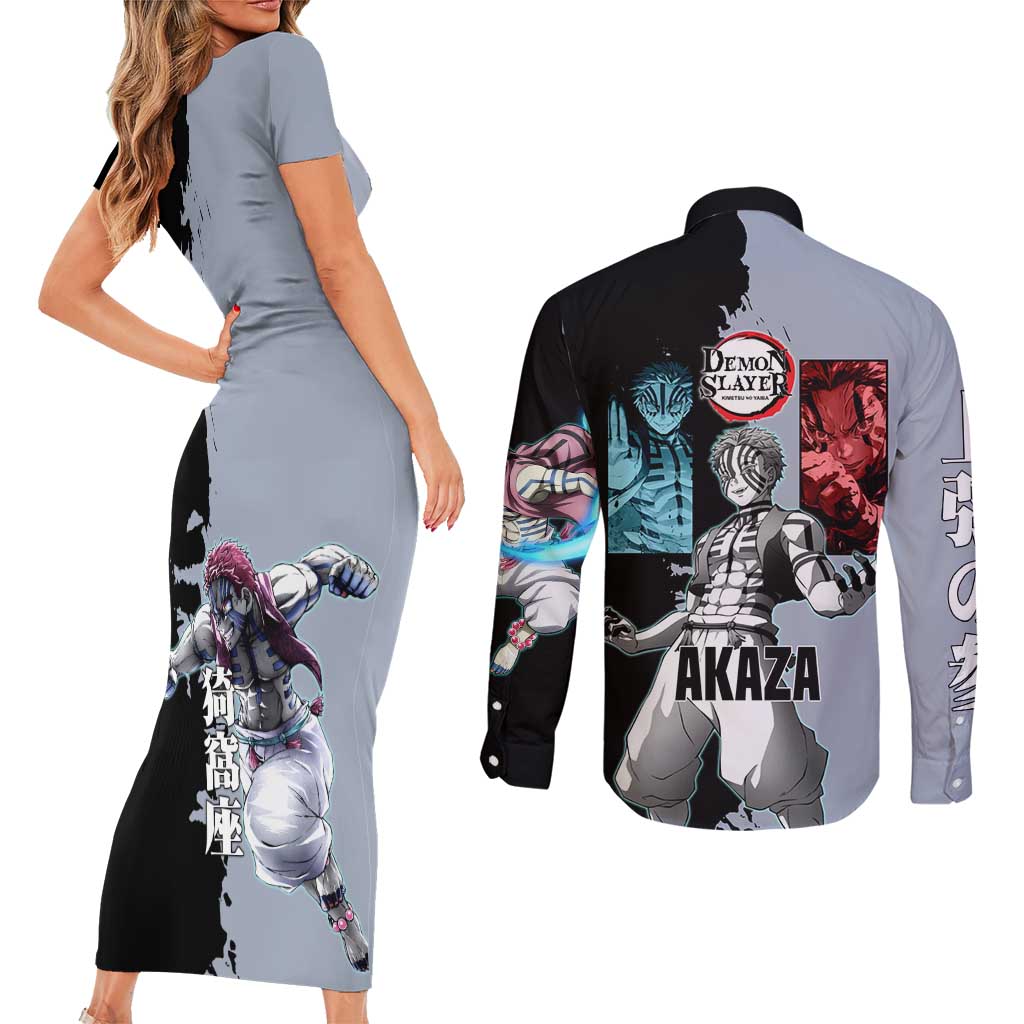 Akaza from Demon Slayer Couples Matching Short Sleeve Bodycon Dress and Long Sleeve Button Shirt with Split Color Background and Martial Arts Pose Manga Style Design - The Mazicc