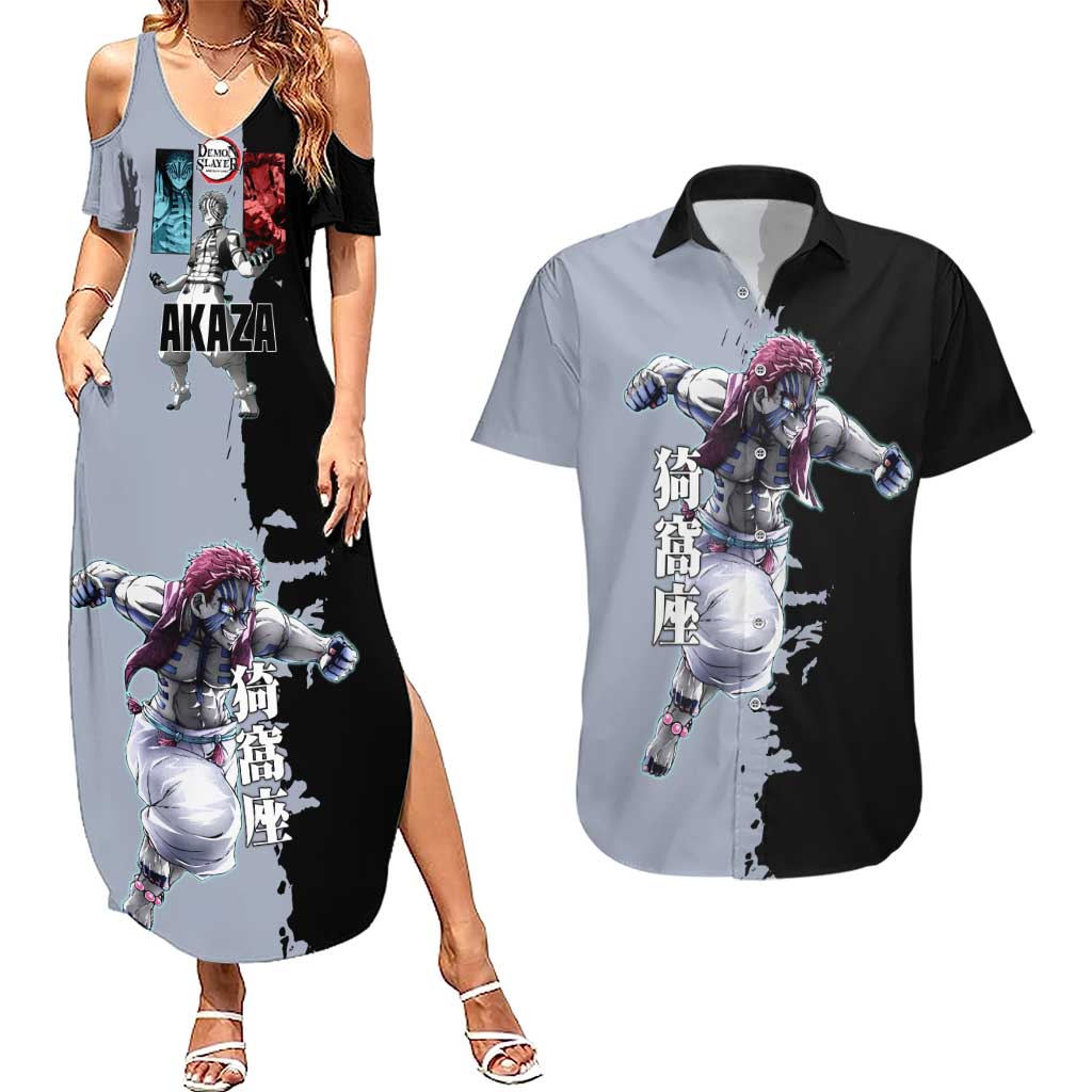 Akaza from Demon Slayer Couples Matching Summer Maxi Dress and Hawaiian Shirt with Split Color Background and Martial Arts Pose Manga Style Design - The Mazicc