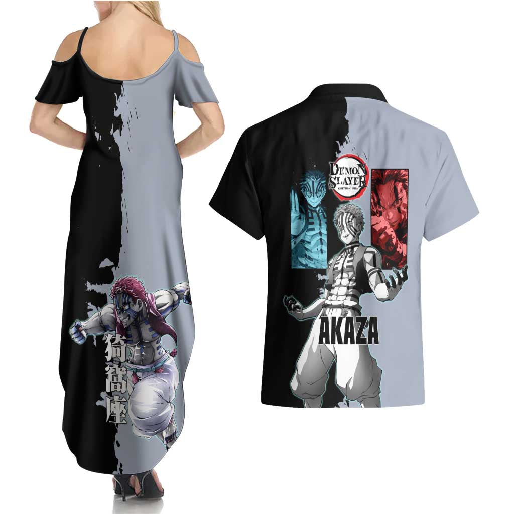 Akaza from Demon Slayer Couples Matching Summer Maxi Dress and Hawaiian Shirt with Split Color Background and Martial Arts Pose Manga Style Design - The Mazicc