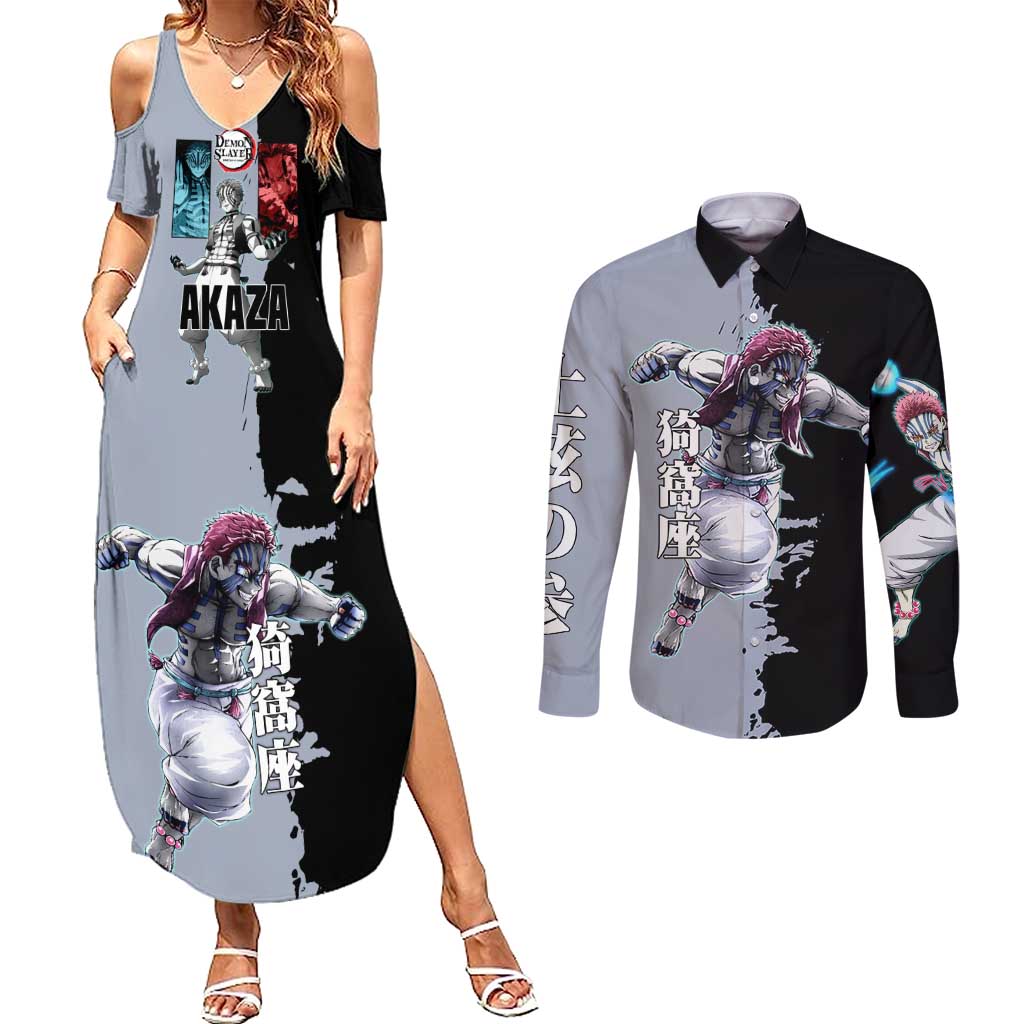 Akaza from Demon Slayer Couples Matching Summer Maxi Dress and Long Sleeve Button Shirt with Split Color Background and Martial Arts Pose Manga Style Design - The Mazicc