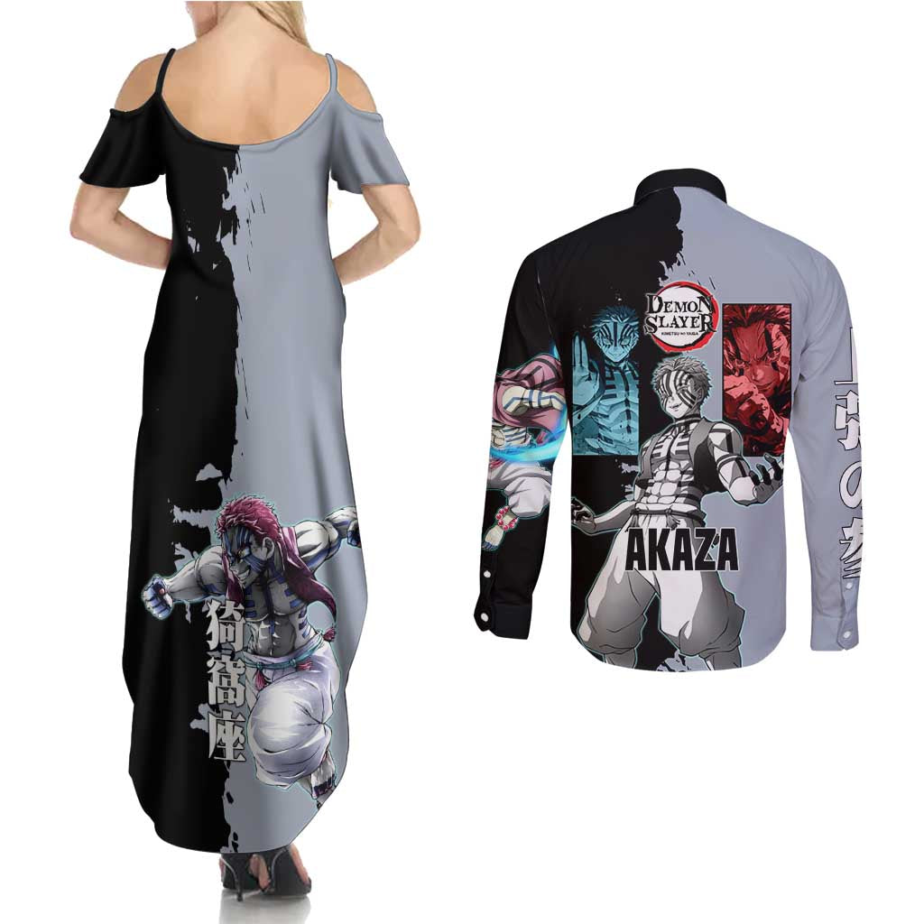 Akaza from Demon Slayer Couples Matching Summer Maxi Dress and Long Sleeve Button Shirt with Split Color Background and Martial Arts Pose Manga Style Design - The Mazicc
