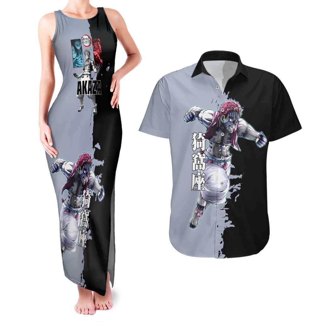 Akaza from Demon Slayer Couples Matching Tank Maxi Dress and Hawaiian Shirt with Split Color Background and Martial Arts Pose Manga Style Design - The Mazicc