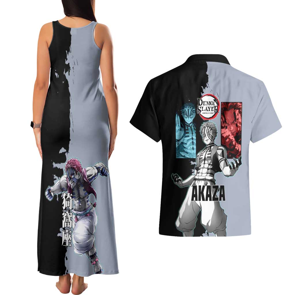 Akaza from Demon Slayer Couples Matching Tank Maxi Dress and Hawaiian Shirt with Split Color Background and Martial Arts Pose Manga Style Design - The Mazicc