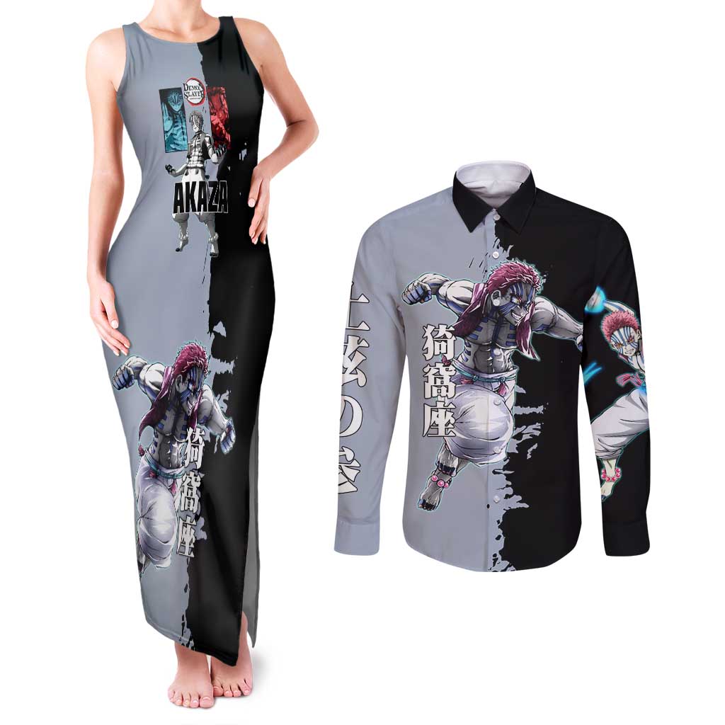 Akaza from Demon Slayer Couples Matching Tank Maxi Dress and Long Sleeve Button Shirt with Split Color Background and Martial Arts Pose Manga Style Design - The Mazicc