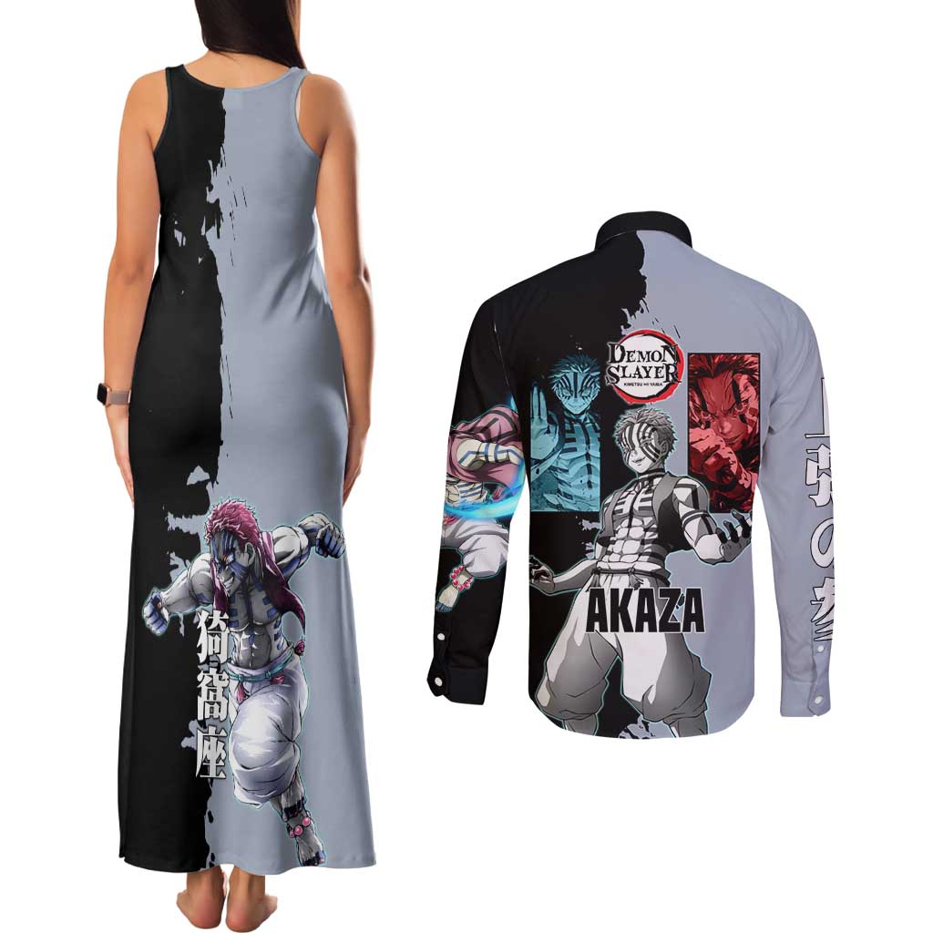 Akaza from Demon Slayer Couples Matching Tank Maxi Dress and Long Sleeve Button Shirt with Split Color Background and Martial Arts Pose Manga Style Design - The Mazicc