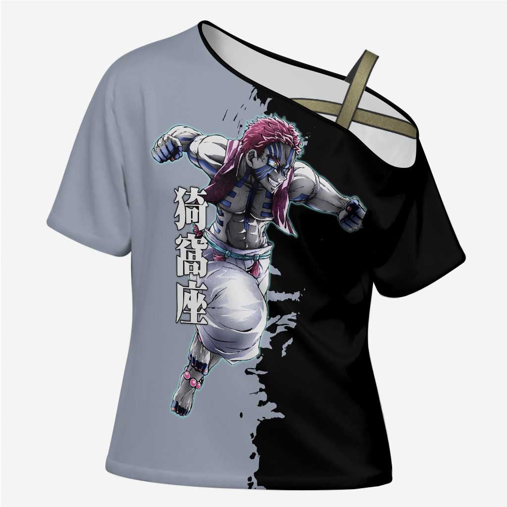 Akaza from Demon Slayer Cross Shoulder Shirt with Split Color Background and Martial Arts Pose Manga Style Design - The Mazicc