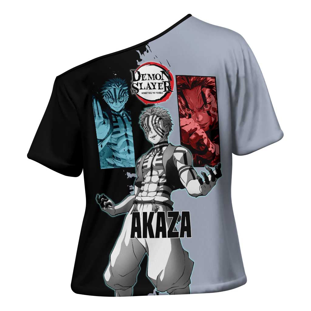 Akaza from Demon Slayer Cross Shoulder Shirt with Split Color Background and Martial Arts Pose Manga Style Design - The Mazicc