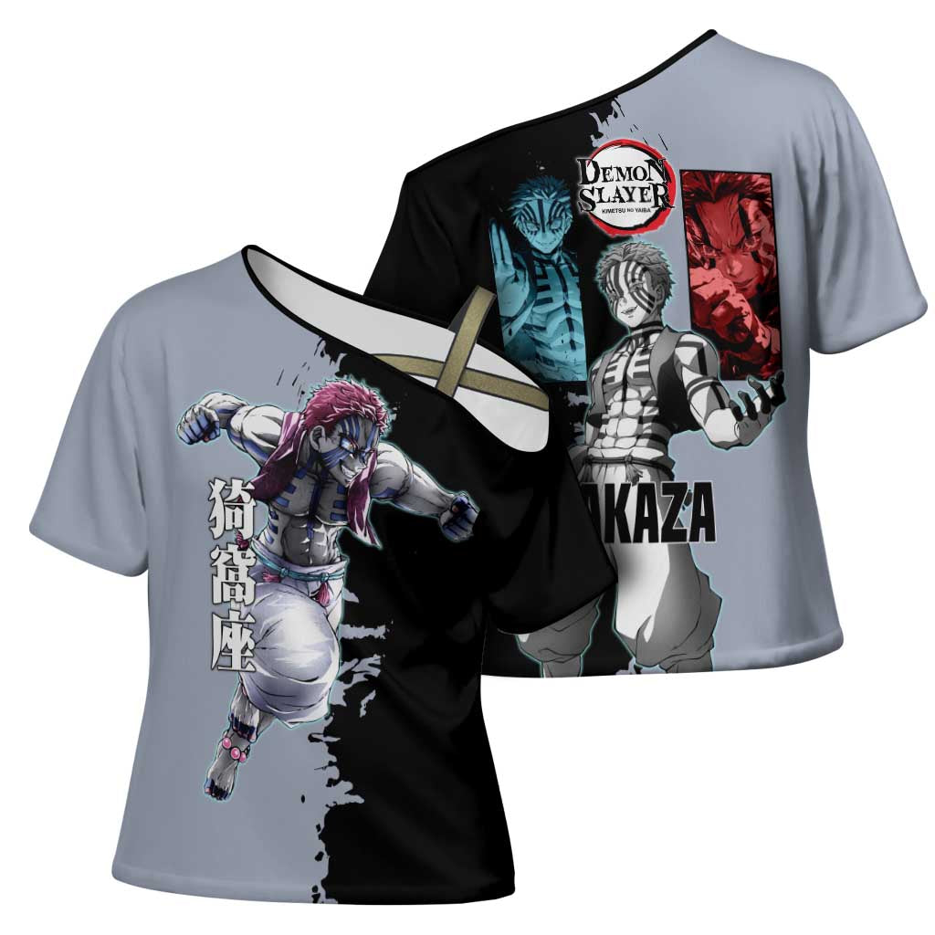Akaza from Demon Slayer Cross Shoulder Shirt with Split Color Background and Martial Arts Pose Manga Style Design - The Mazicc