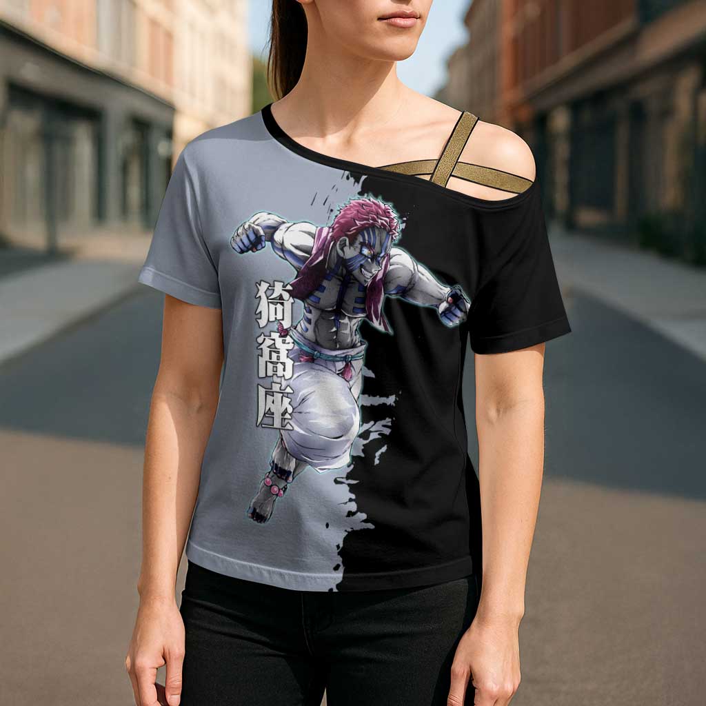 Akaza from Demon Slayer Cross Shoulder Shirt with Split Color Background and Martial Arts Pose Manga Style Design - The Mazicc