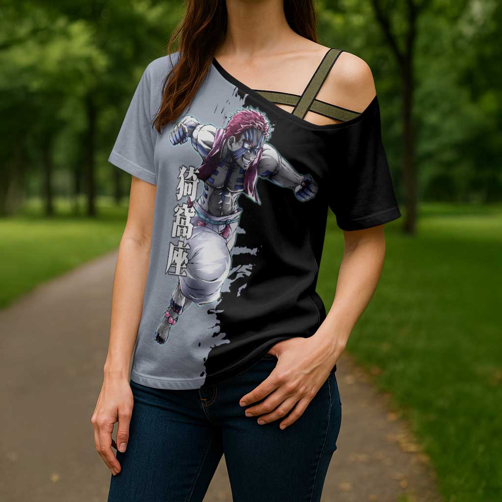 Akaza from Demon Slayer Cross Shoulder Shirt with Split Color Background and Martial Arts Pose Manga Style Design - The Mazicc