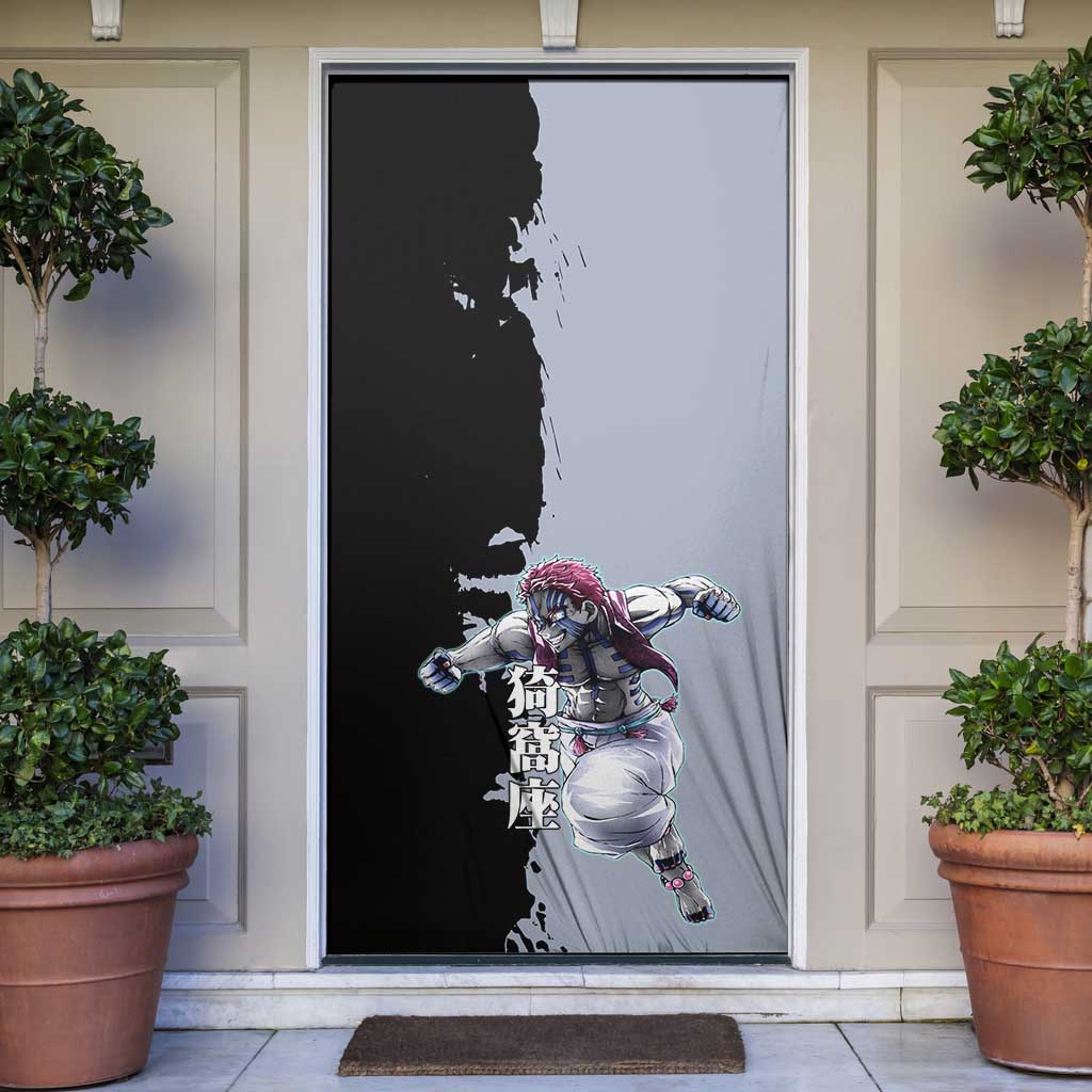 Akaza from Demon Slayer Door Cover with Split Color Background and Martial Arts Pose Manga Style Design - The Mazicc