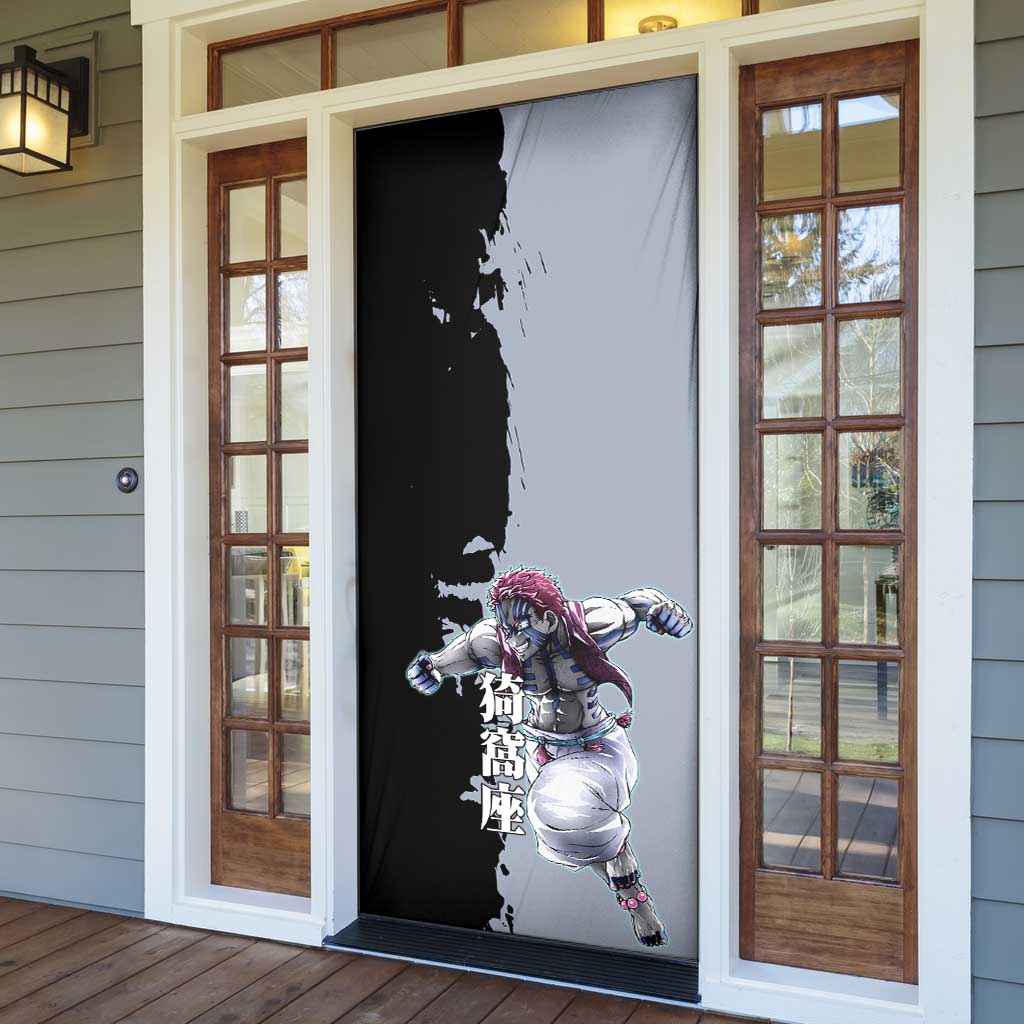 Akaza from Demon Slayer Door Cover with Split Color Background and Martial Arts Pose Manga Style Design - The Mazicc