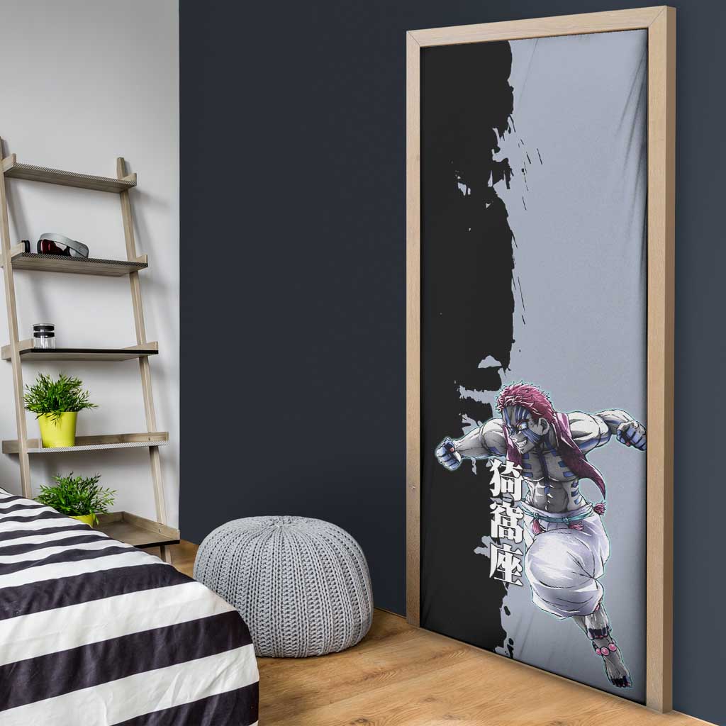 Akaza from Demon Slayer Door Cover with Split Color Background and Martial Arts Pose Manga Style Design - The Mazicc