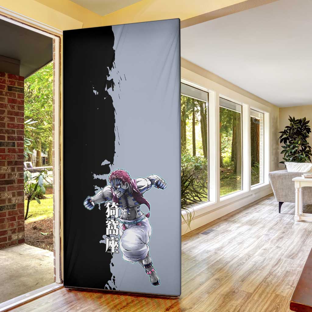 Akaza from Demon Slayer Door Cover with Split Color Background and Martial Arts Pose Manga Style Design - The Mazicc