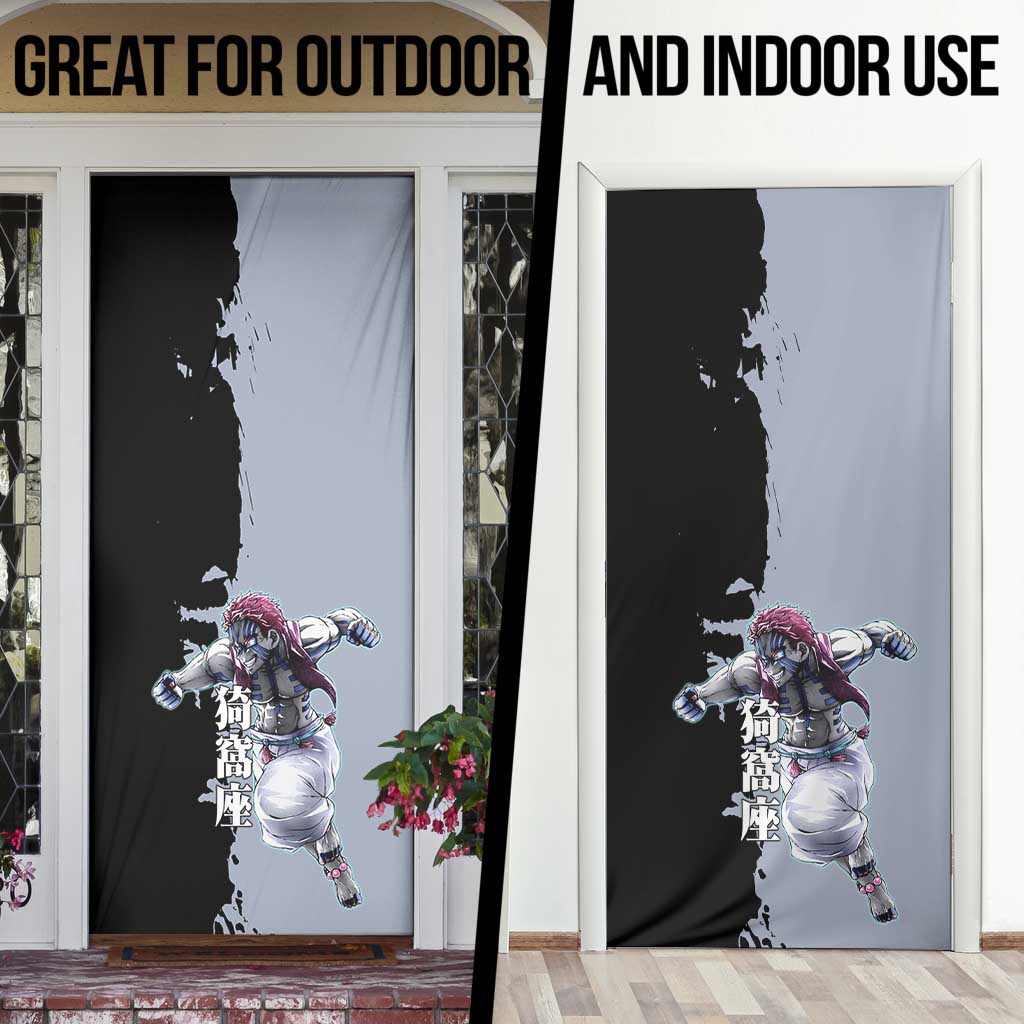 Akaza from Demon Slayer Door Cover with Split Color Background and Martial Arts Pose Manga Style Design - The Mazicc