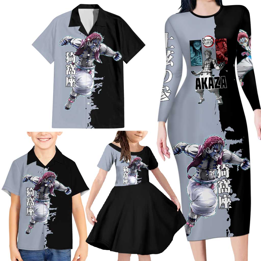 Akaza from Demon Slayer Family Matching Long Sleeve Bodycon Dress and Hawaiian Shirt with Split Color Background and Martial Arts Pose Manga Style Design - The Mazicc