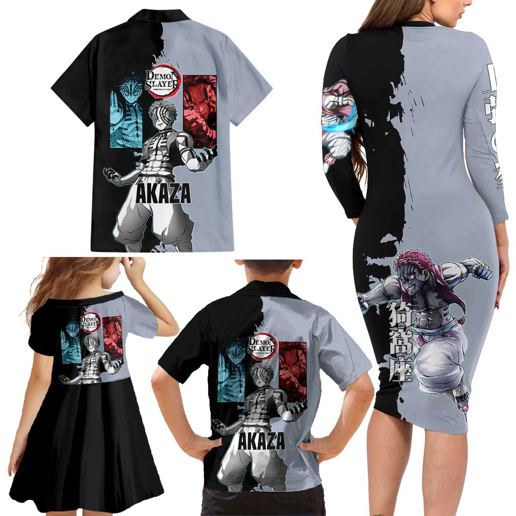Akaza from Demon Slayer Family Matching Long Sleeve Bodycon Dress and Hawaiian Shirt with Split Color Background and Martial Arts Pose Manga Style Design - The Mazicc