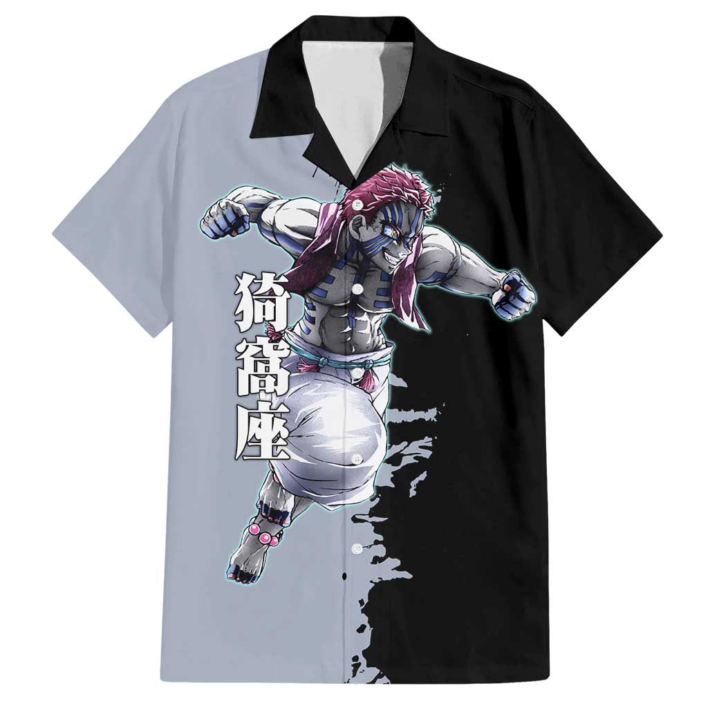 Akaza from Demon Slayer Family Matching Long Sleeve Bodycon Dress and Hawaiian Shirt with Split Color Background and Martial Arts Pose Manga Style Design - The Mazicc