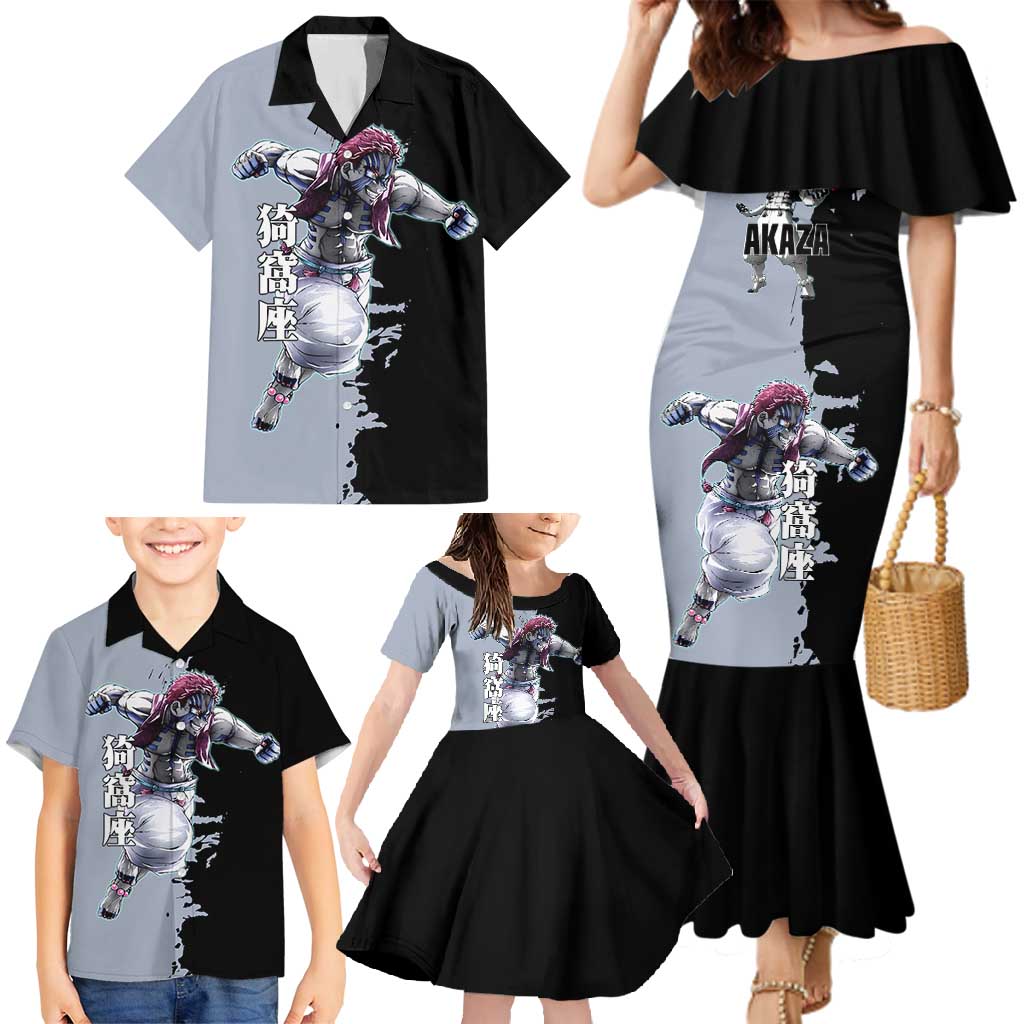 Akaza from Demon Slayer Family Matching Mermaid Dress and Hawaiian Shirt with Split Color Background and Martial Arts Pose Manga Style Design - The Mazicc