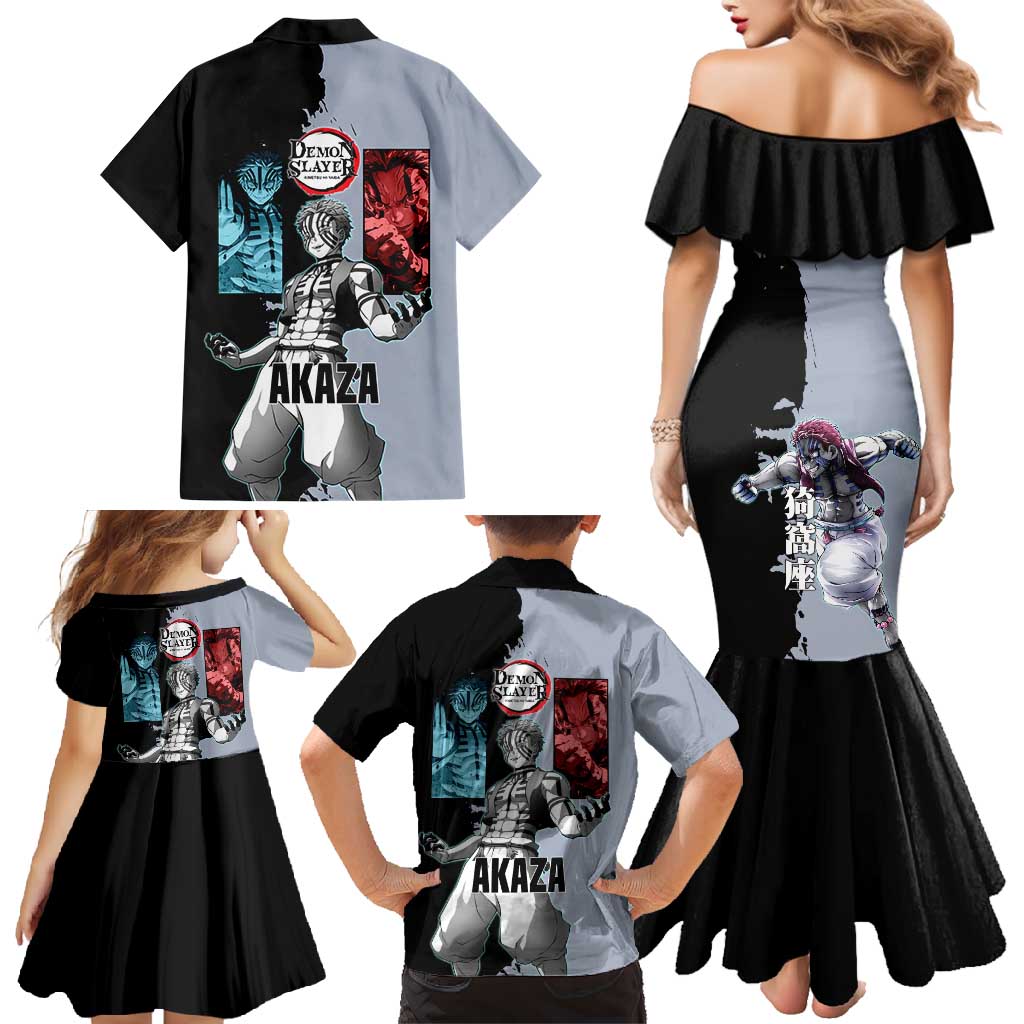 Akaza from Demon Slayer Family Matching Mermaid Dress and Hawaiian Shirt with Split Color Background and Martial Arts Pose Manga Style Design - The Mazicc