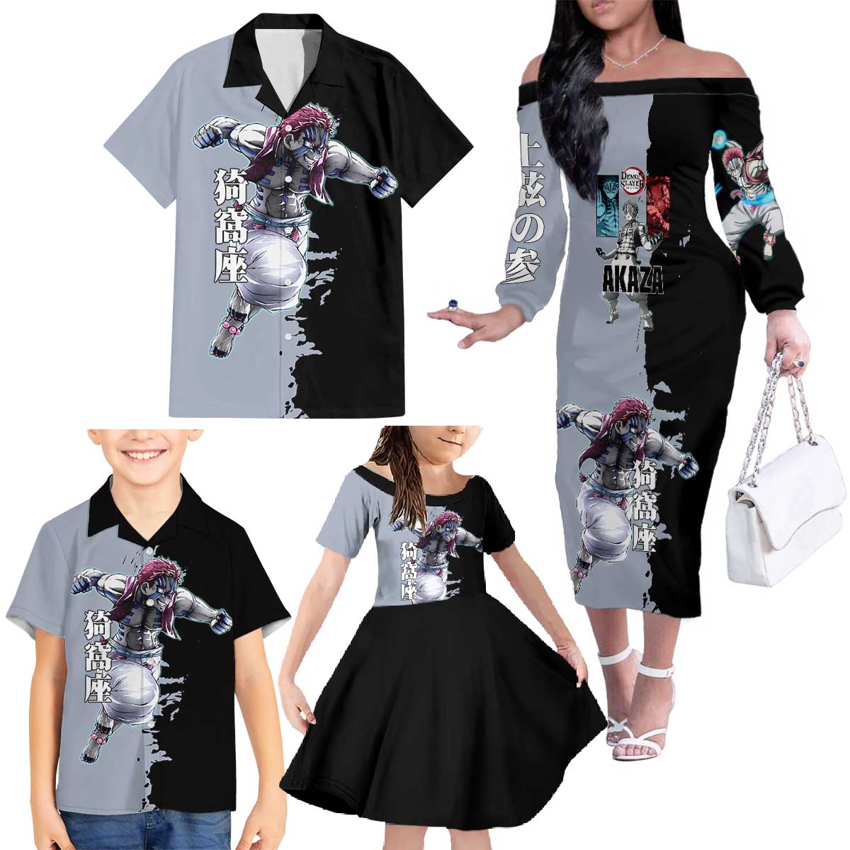 Akaza from Demon Slayer Family Matching Off The Shoulder Long Sleeve Dress and Hawaiian Shirt with Split Color Background and Martial Arts Pose Manga Style Design - The Mazicc