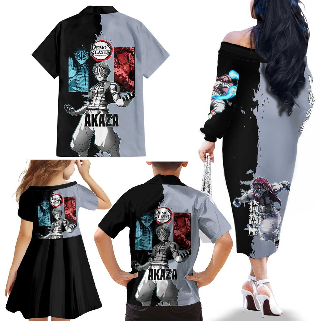 Akaza from Demon Slayer Family Matching Off The Shoulder Long Sleeve Dress and Hawaiian Shirt with Split Color Background and Martial Arts Pose Manga Style Design - The Mazicc