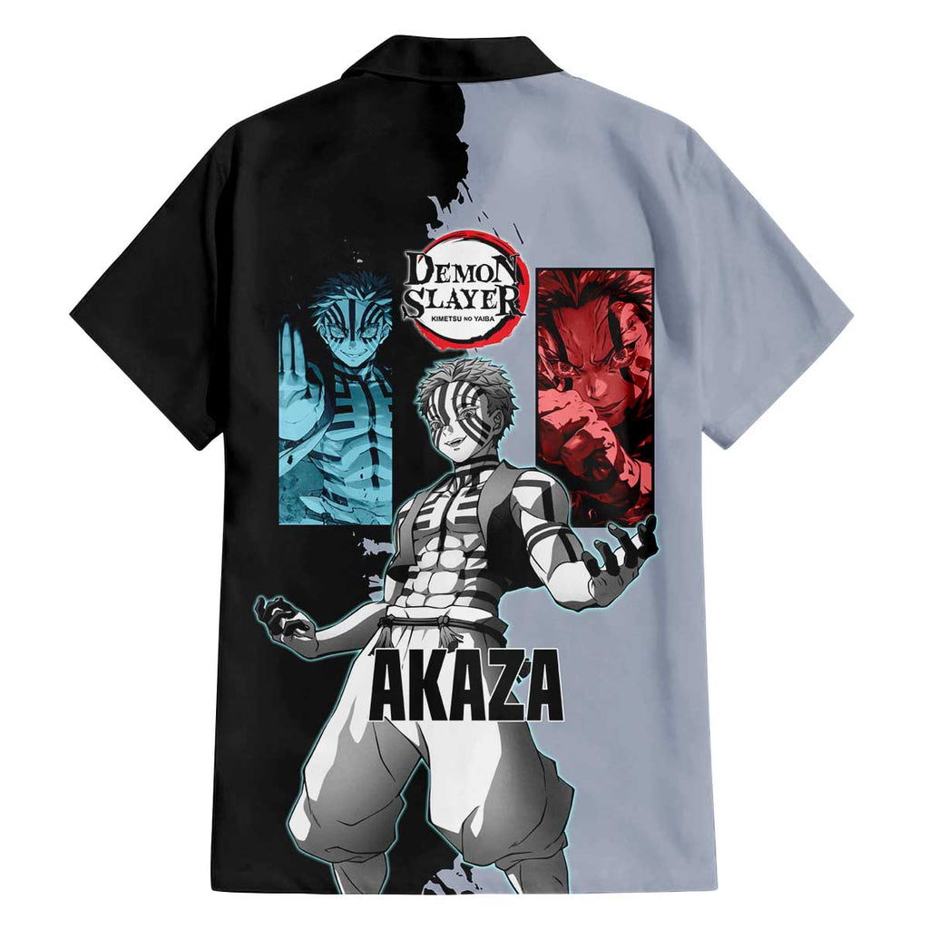 Akaza from Demon Slayer Family Matching Off The Shoulder Long Sleeve Dress and Hawaiian Shirt with Split Color Background and Martial Arts Pose Manga Style Design - The Mazicc